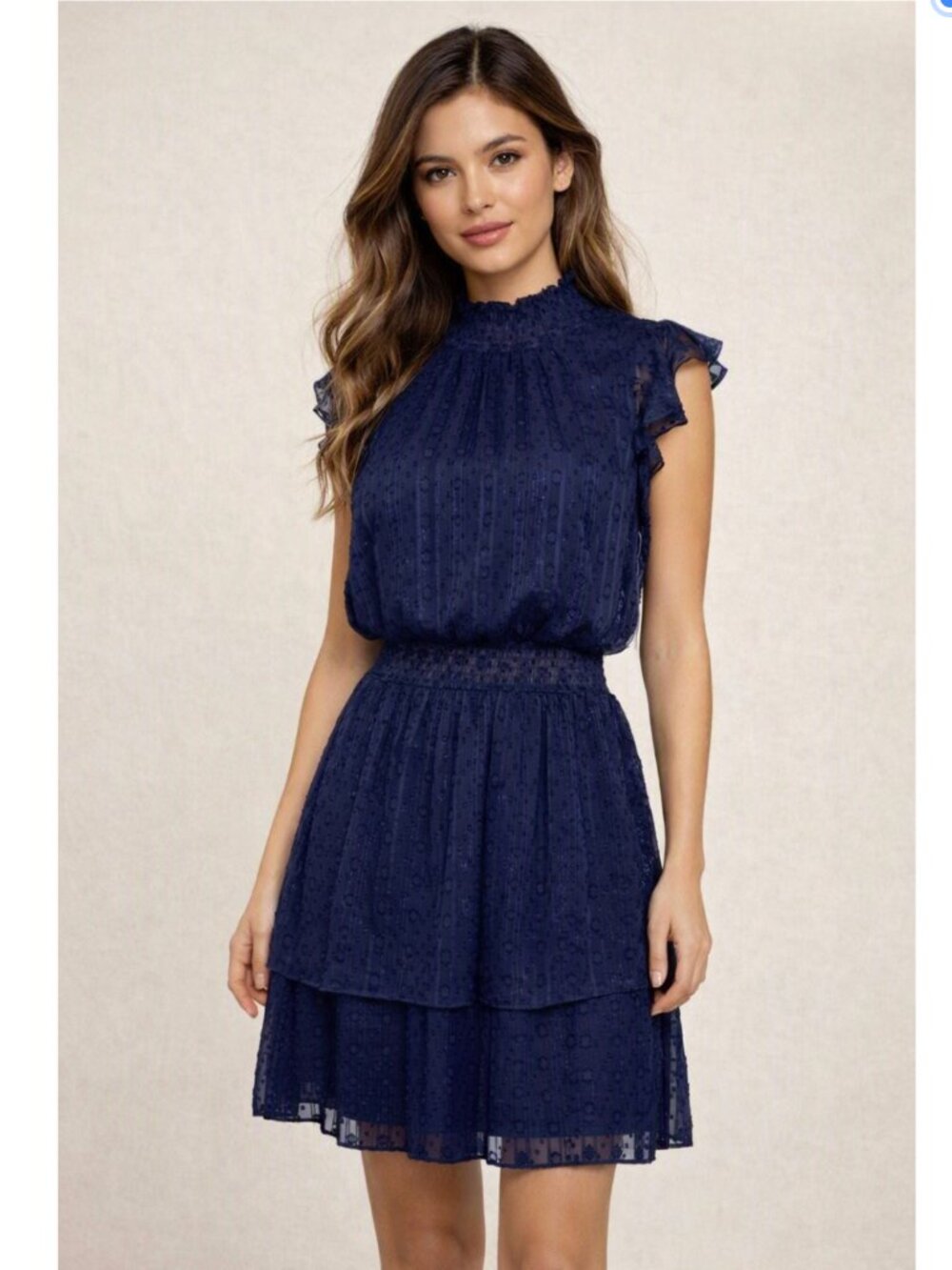 NWT BCX Navy Swiss Dot Smocked Waist Tiered Ruffle Mini Dress Juniors XL